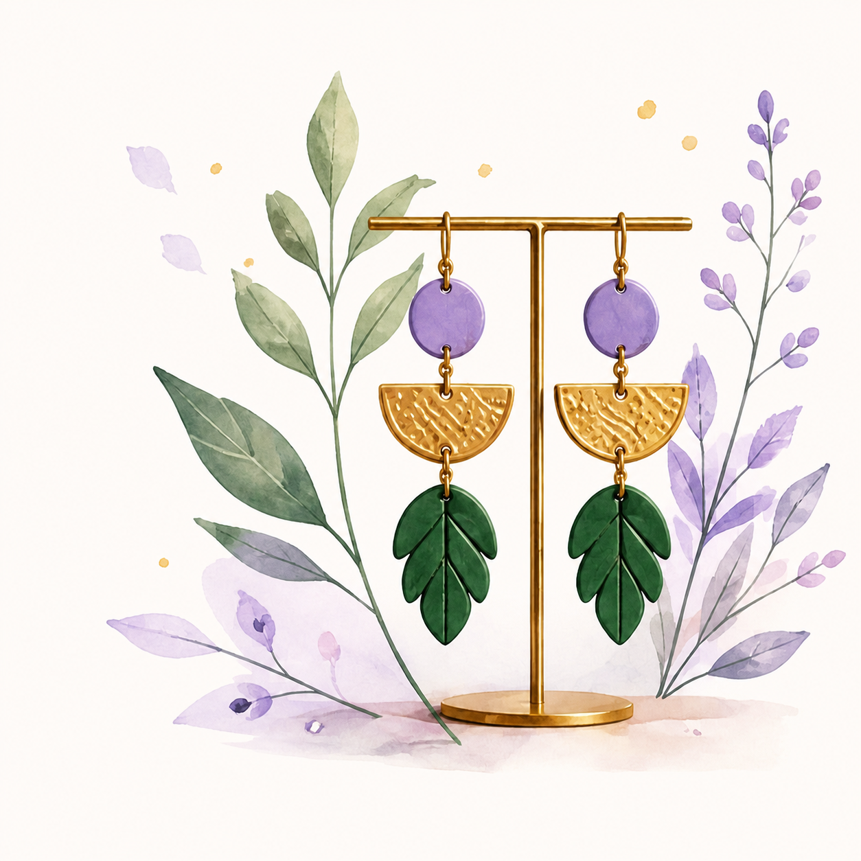 Aquarellillustration von violett-goldenen Ohrringen mit grünen Blattelementen, gerahmt von botanischen Zweigen