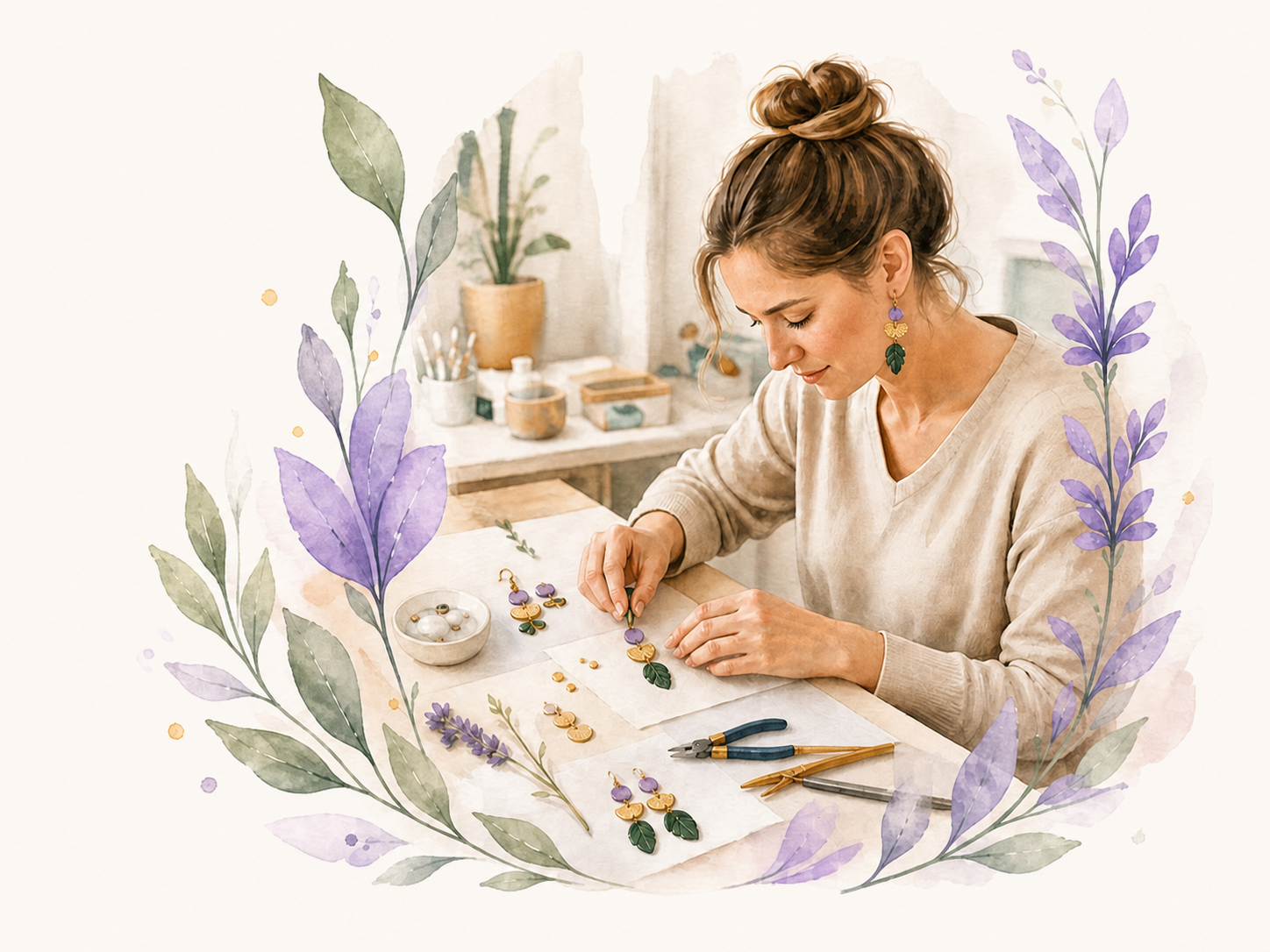 Illustrative Atelierszene einer Schmuckmacherin bei der Arbeit an Ohrringen